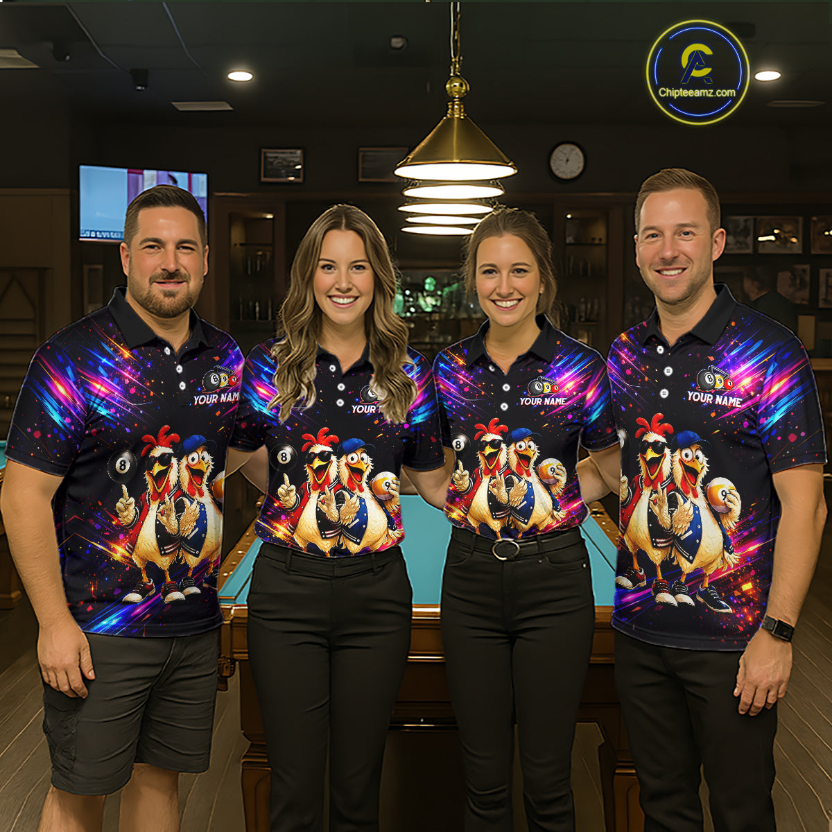 Custom Neon Funny Chicken Billiard Shirt for Men Colorful 8 Ball & 9 Ball Shirt Buddy Billiard Jersey BHT43