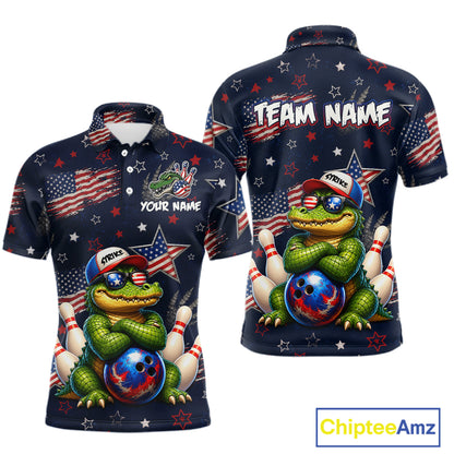 Custom American Flag Alligator Bowling Shirt for Men Patriotic Bowling Jersey Polo & 1/4-Zip QZT1029