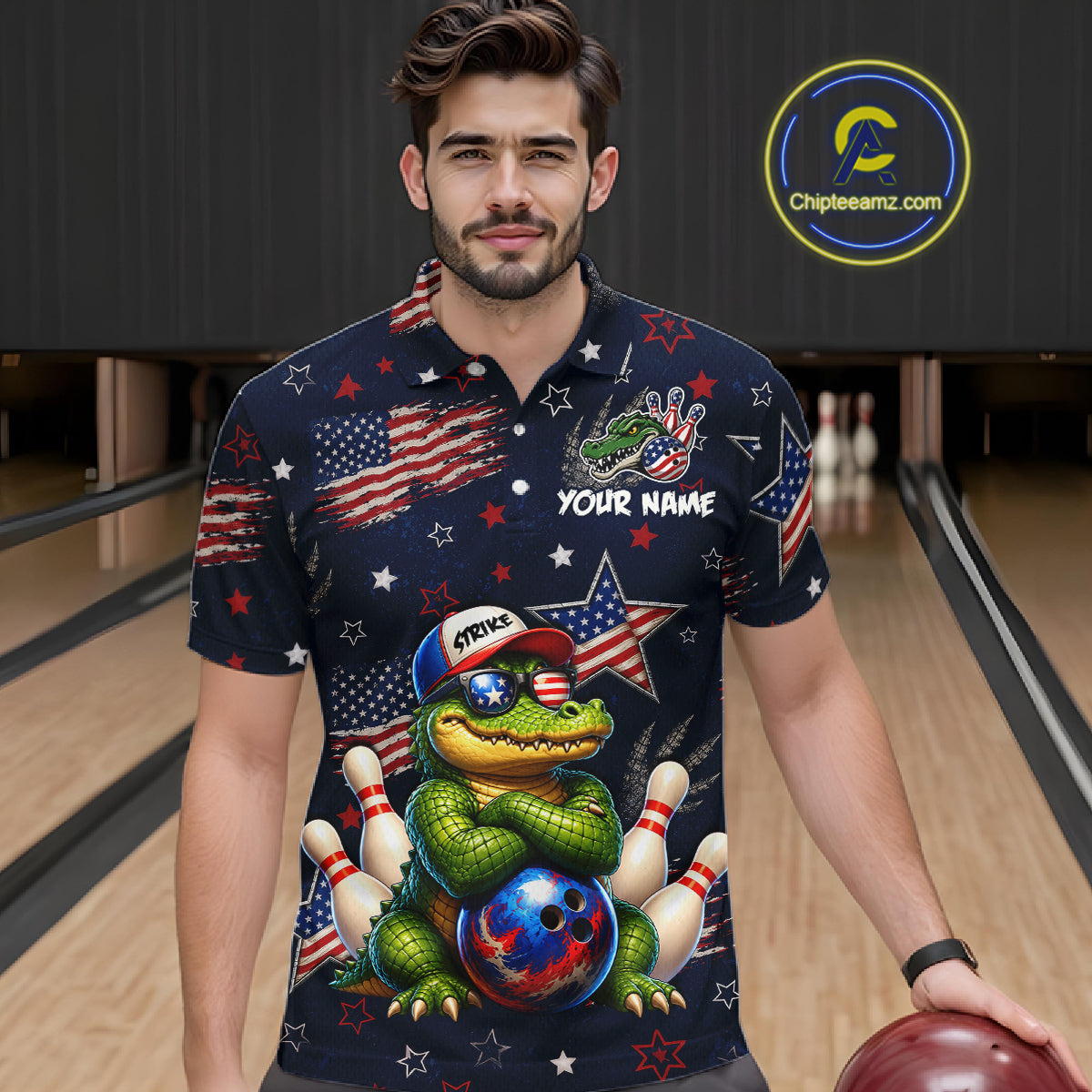 Custom American Flag Alligator Bowling Shirt for Men Patriotic Bowling Jersey Polo & 1/4-Zip QZT1029