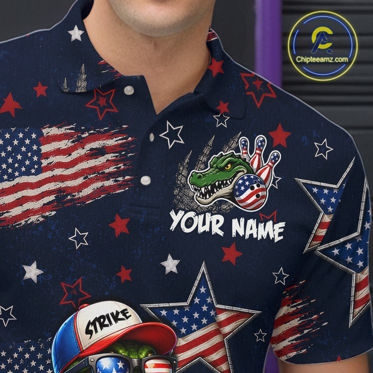Custom American Flag Alligator Bowling Shirt for Men Patriotic Bowling Jersey Polo & 1/4-Zip QZT1029