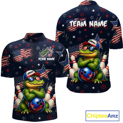 Custom American Flag Alligator Bowling Shirt for Men Patriotic Bowling Jersey Polo & 1/4-Zip QZT1029