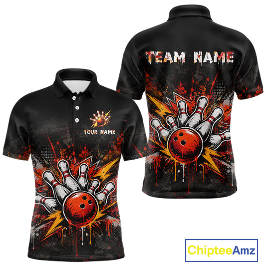 Front and back views of a black short-sleeve polo shirt with a bowling-themed graphic print featuring a red bowling ball, white bowling pins, and orange/yellow paint splatters. The front has placeholder text 'YOUR NAME' and 'TEAM NAME' on the chest, and a 'ChipteeAmz' logo is visible in the bottom right corner.