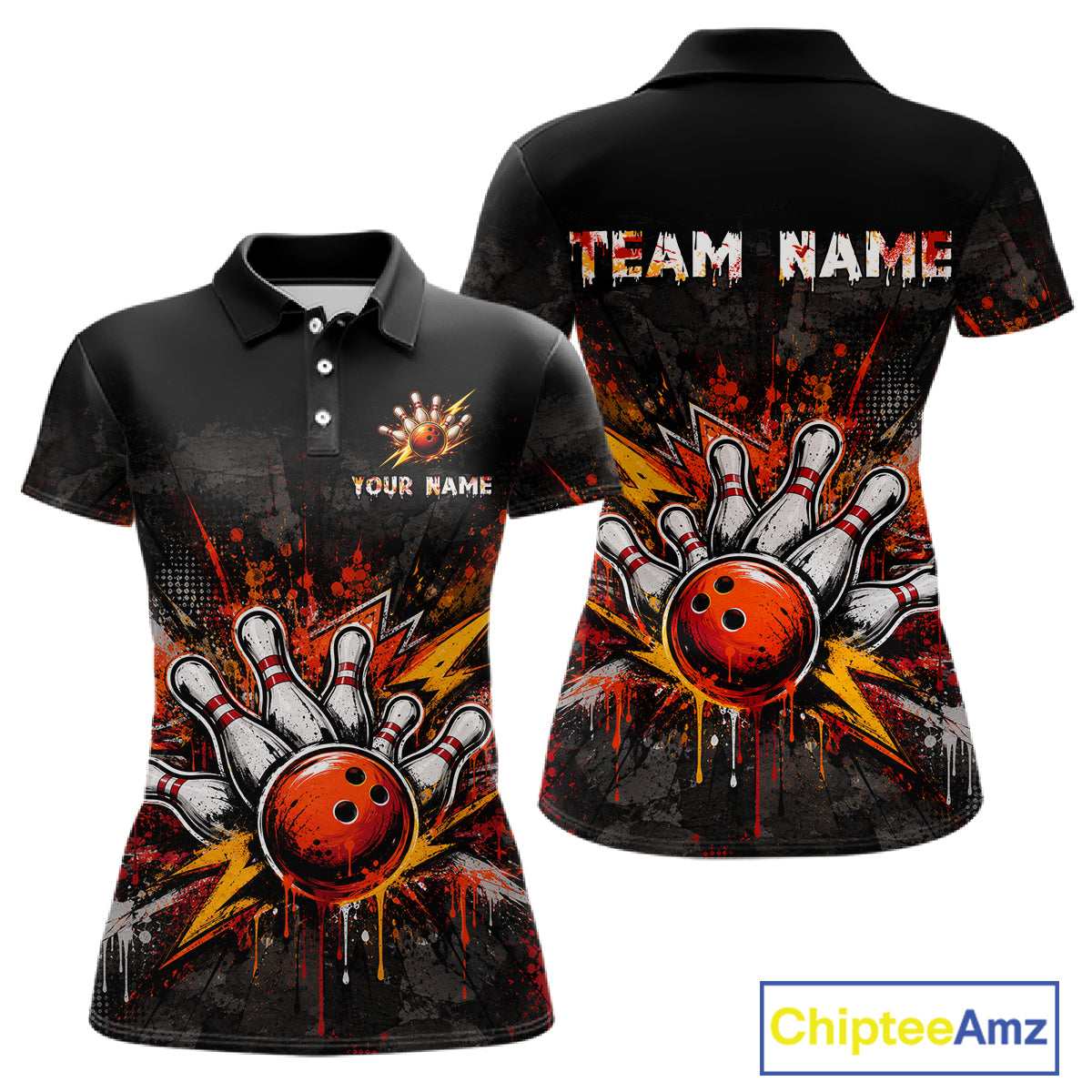 Black short-sleeve polo shirt shown from front and back with a bowling-themed graphic featuring bowling pins, a red bowling ball, and paint-splatter effects. The front has placeholder text reading 'YOUR NAME' and 'TEAM NAME' on the chest and back.