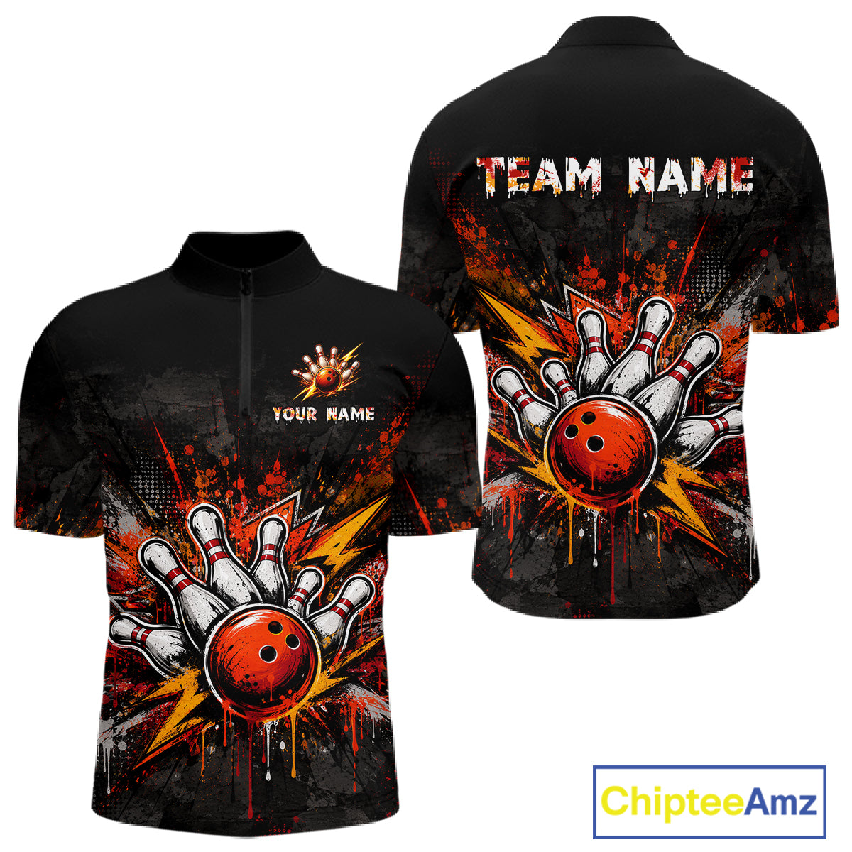 Black short-sleeve zip-front shirt shown from front and back, featuring a bowling-themed graphic with a red bowling ball, white bowling pins, and orange/yellow paint splatter. Front has placeholder text 'YOUR NAME' and 'TEAM NAME' on the chest.