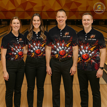 Four people standing together in a bowling alley wearing matching black short-sleeve bowling shirts with a large red, orange, and white bowling graphic on the front. The shirts have customizable text placeholders on the chest.