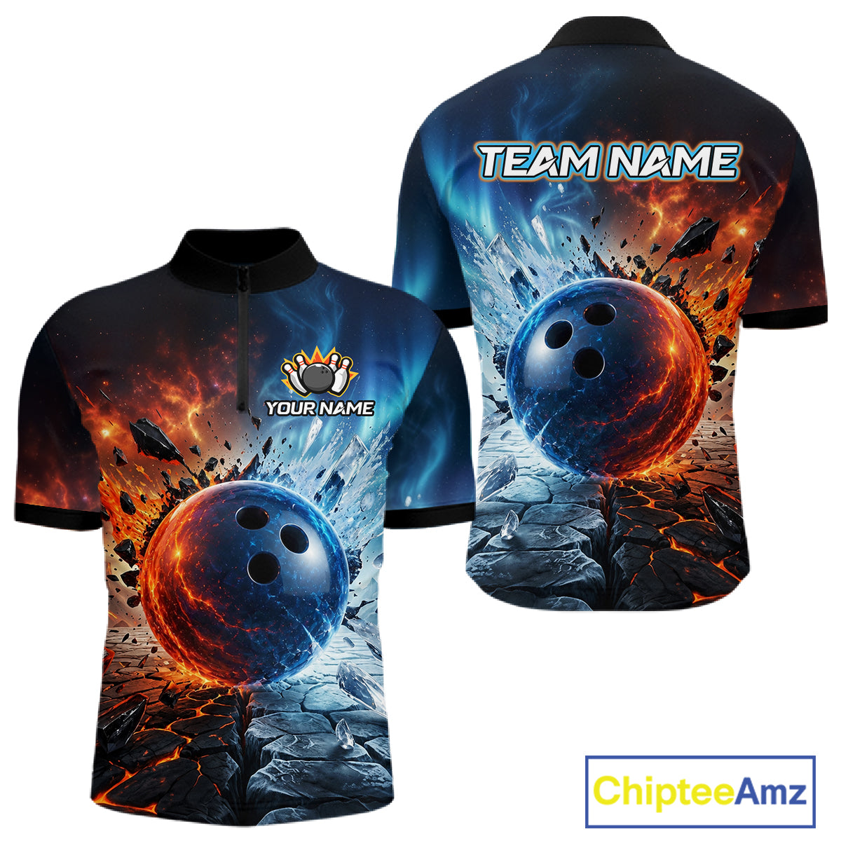 Custom Fire & Ice Bowling Shirt Bowling Team Jersey for Men Polo & 1/4-Zip QZT1218