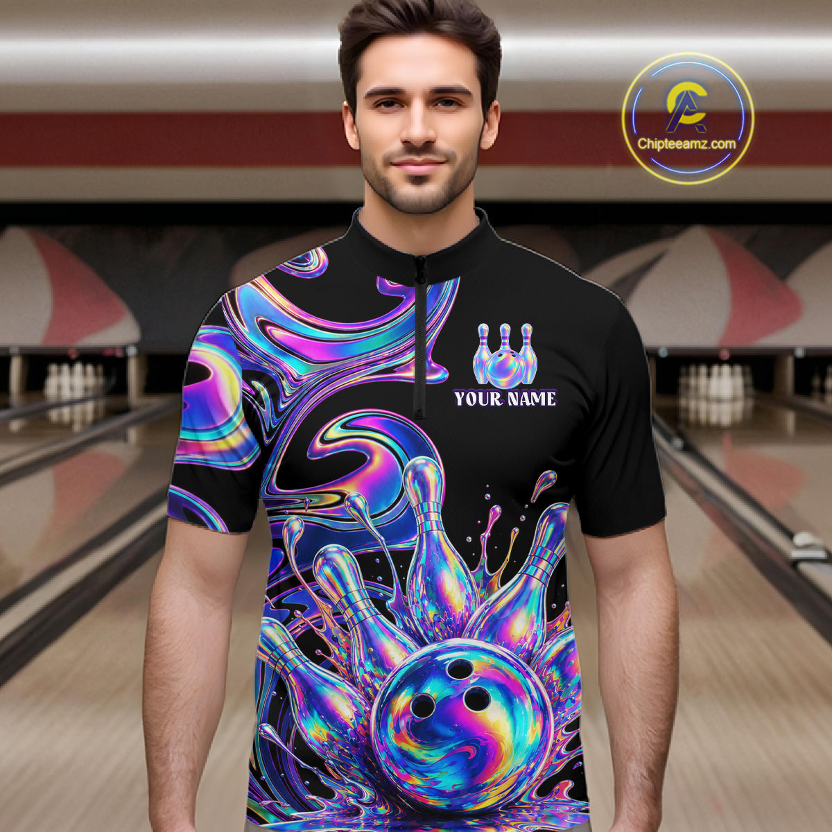 Custom Holographic Bowling Shirt Bowling Team Jersey for Men Polo & 1/4-Zip QZT1219