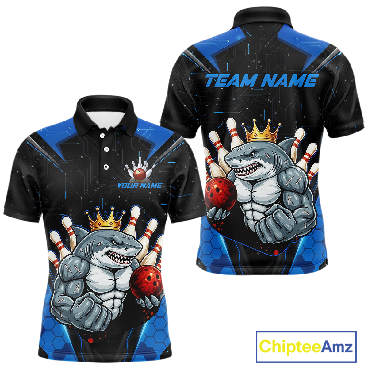 Custom Blue Funny Shark Bowling Team Shirt Bowling Jersey for Men Polo & Quarter-Zip QZT949