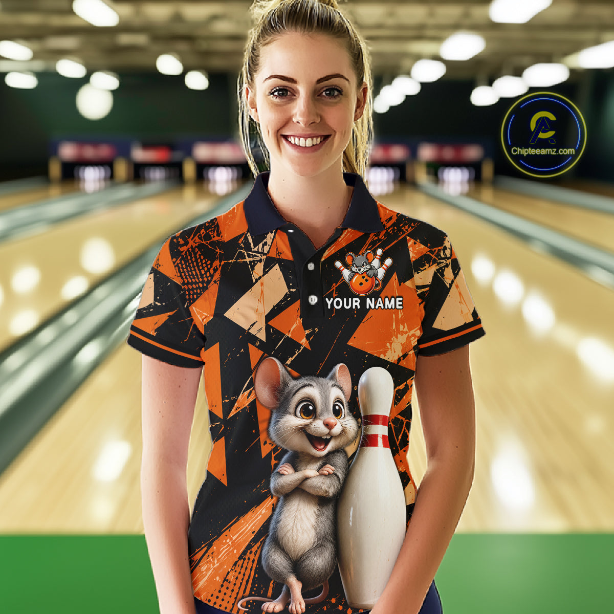 Black & Orange Funny Mouse Bowling Team Shirt for Women Custom Bowling Jersey Polo & Quarter-Zip QZT1033
