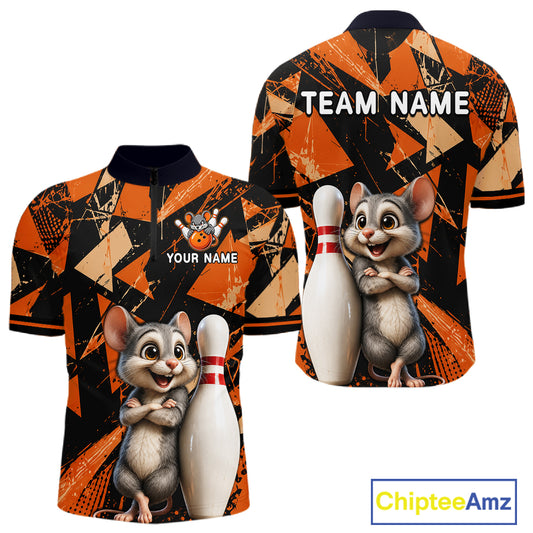 Black & Orange Funny Mouse Bowling Team Shirt for Men Custom Bowling Jersey Polo & Quarter-Zip QZT1033