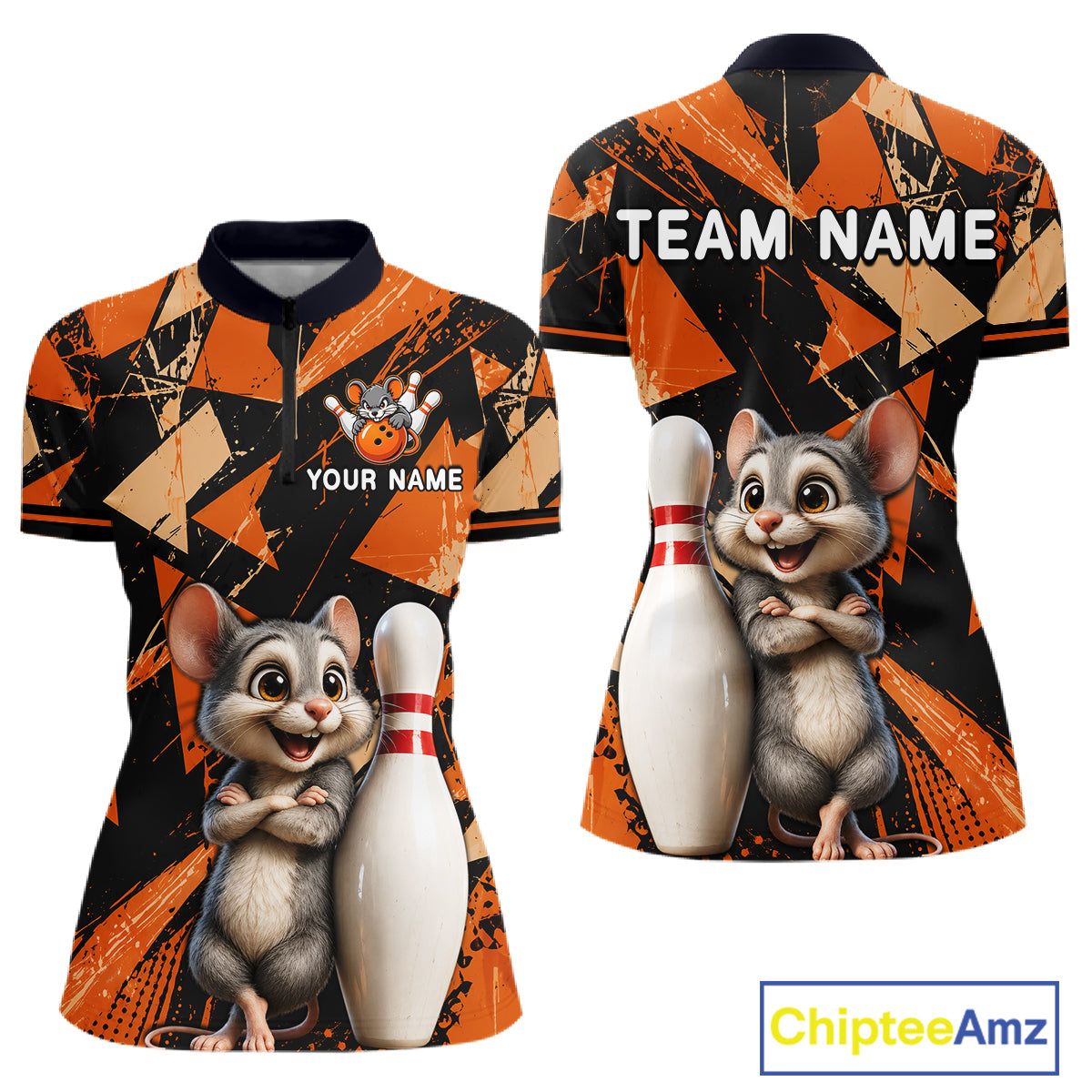 Black & Orange Funny Mouse Bowling Team Shirt for Women Custom Bowling Jersey Polo & Quarter-Zip QZT1033