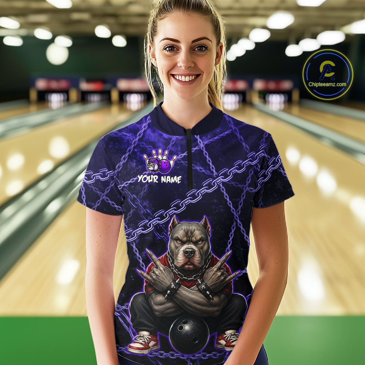 Woman wearing custom purple cool pit bull bowling 1/4 zip shirt, front view mockup, personalized bowling league jersey.