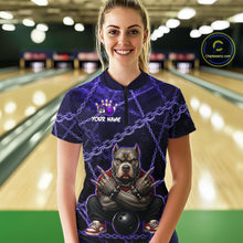 Load image into Gallery viewer, Woman wearing custom purple cool pit bull bowling 1/4 zip shirt, front view mockup, personalized bowling league jersey.