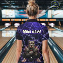 Load image into Gallery viewer, Woman wearing custom purple cool pit bull bowling polo shirt, back view mockup with team name design.
