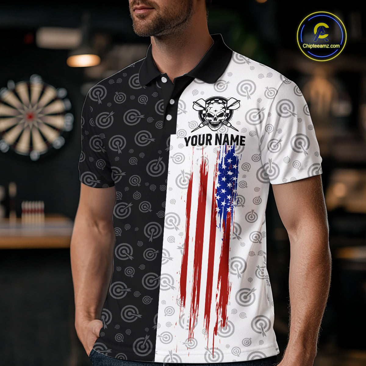 Custom American Flag Dart Team Shirt for Men Skull Darts League Jersey DHT58