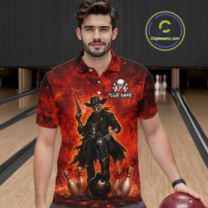 Custom Cowboy Skull Bowling Shirt for Men Red Fire Western Bowling Jersey Polo & 1/4 Zip QZT1224