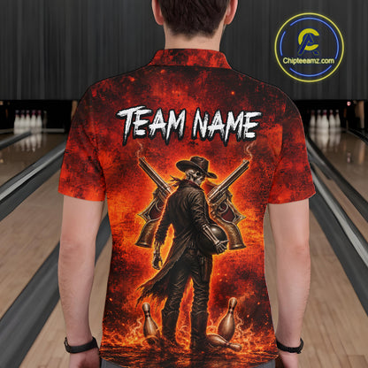 Custom Cowboy Skull Bowling Shirt for Men Red Fire Western Bowling Jersey Polo & 1/4 Zip QZT1224