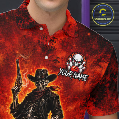 Custom Cowboy Skull Bowling Shirt for Men Red Fire Western Bowling Jersey Polo & 1/4 Zip QZT1224