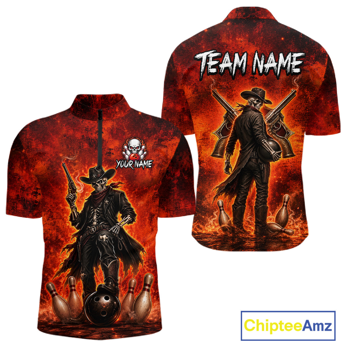 Custom Cowboy Skull Bowling Shirt for Men Red Fire Western Bowling Jersey Polo & 1/4 Zip QZT1224