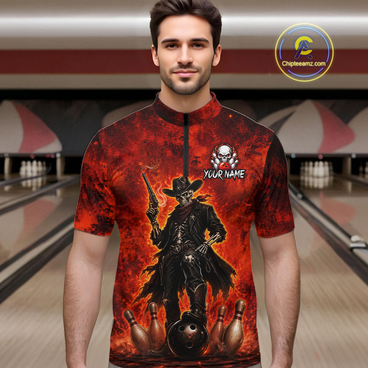 Custom Cowboy Skull Bowling Shirt for Men Red Fire Western Bowling Jersey Polo & 1/4 Zip QZT1224