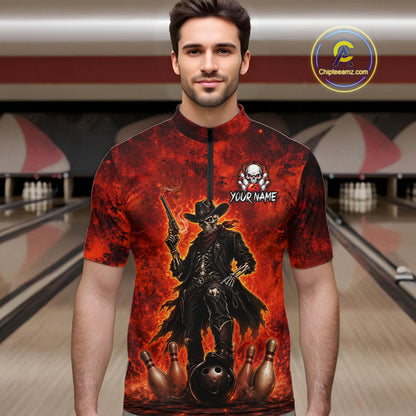 Custom Cowboy Skull Bowling Shirt for Men Red Fire Western Bowling Jersey Polo & 1/4 Zip QZT1224