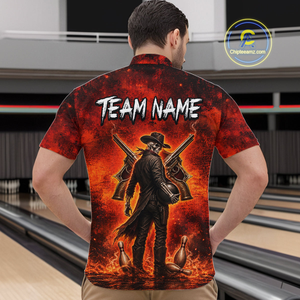 Custom Cowboy Skull Bowling Shirt for Men Red Fire Western Bowling Jersey Polo & 1/4 Zip QZT1224