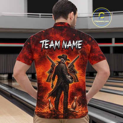 Custom Cowboy Skull Bowling Shirt for Men Red Fire Western Bowling Jersey Polo & 1/4 Zip QZT1224