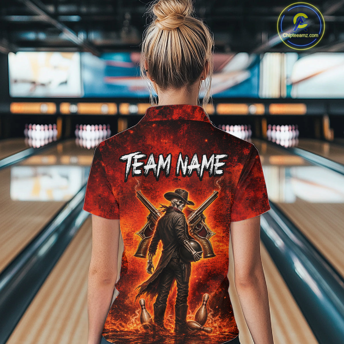 Custom Cowboy Skull Bowling Shirt for Women Red Fire Western Bowling Jersey Polo & 1/4 Zip QZT1224