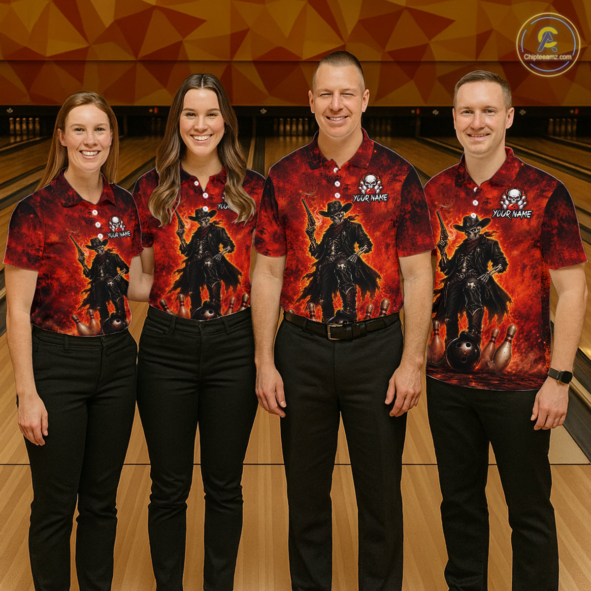 Custom Cowboy Skull Bowling Shirt for Women Red Fire Western Bowling Jersey Polo & 1/4 Zip QZT1224
