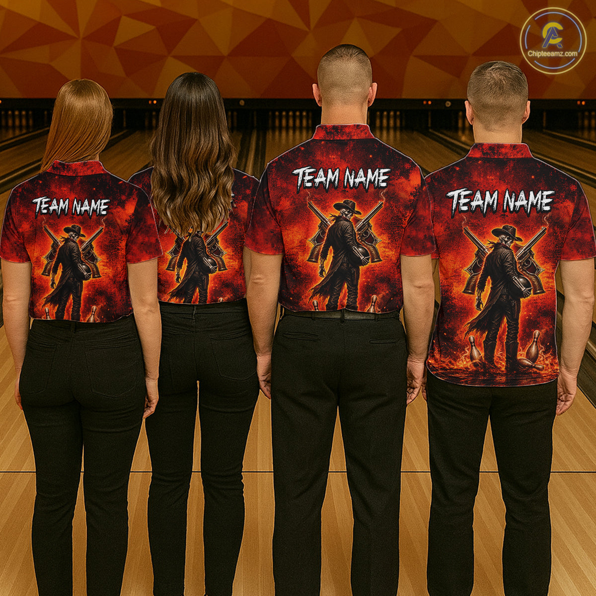 Custom Cowboy Skull Bowling Shirt for Women Red Fire Western Bowling Jersey Polo & 1/4 Zip QZT1224