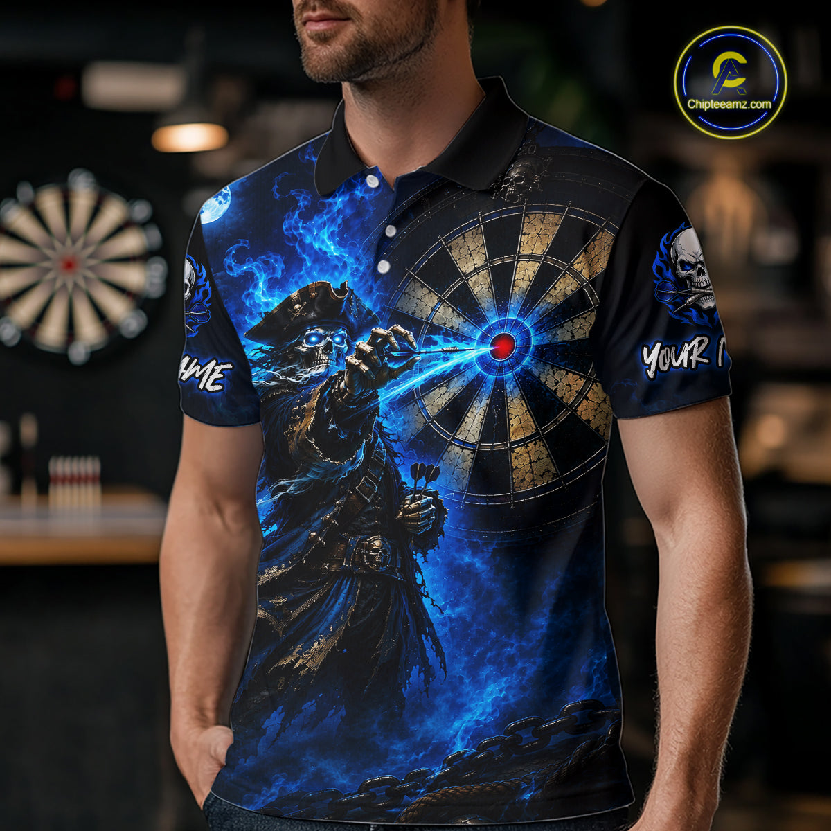 Custom Skeleton Pirate Dart Shirt for Men Turquoise Dart Jersey Polo & Quarter-Zip DHT59