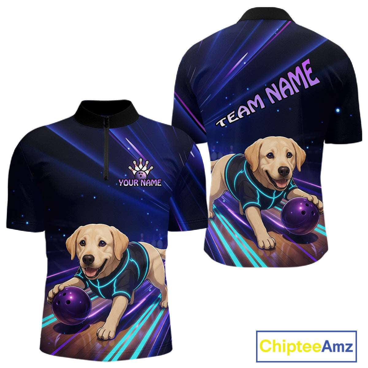 Neon Funny Labrador Retriever Bowling Shirt for Men Custom Bowling Team Jersey Polo & 1/4-Zip QZT992