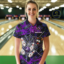 Load image into Gallery viewer, Woman wearing custom purple funny spider bowling polo shirt, front view mockup, personalized bowling league jersey.
