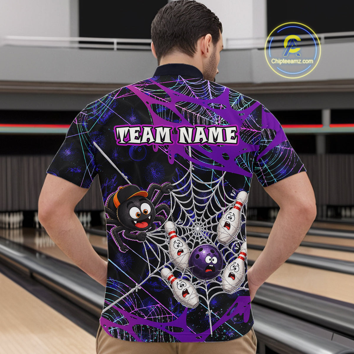  Man wearing custom purple funny spider bowling 1/4 zip shirt, back view mockup with team name design.