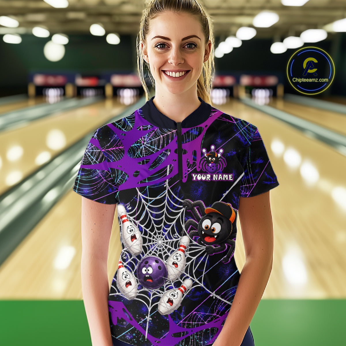  Woman wearing custom purple funny spider bowling 1/4 zip shirt, front view mockup, personalized bowling league jersey.