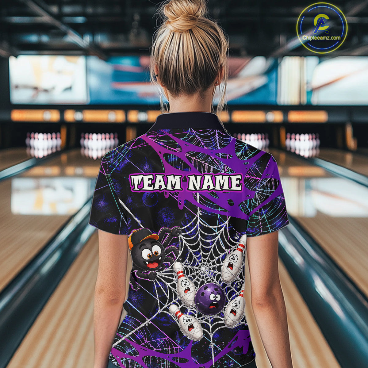 Woman wearing custom purple funny spider bowling polo shirt, back view mockup with team name design.