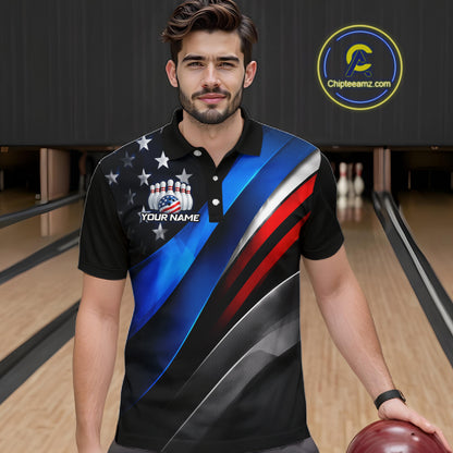 Man wearing custom American Flag  bowling polo shirt, front view mockup, personalized bowling league jersey.