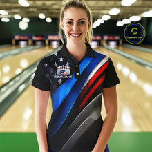 Load image into Gallery viewer, Woman wearing custom American Flag  bowling polo shirt, front view mockup, personalized bowling league jersey.