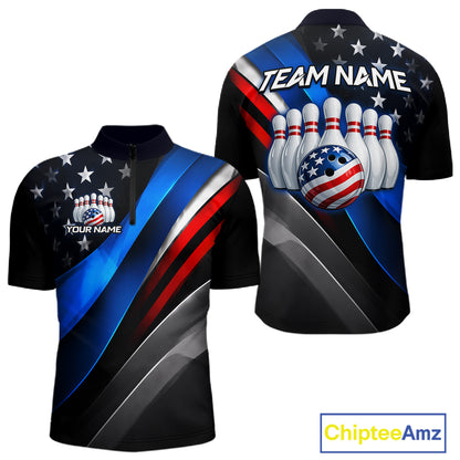 Custom American Flag  bowling quarter-zip shirt, front and back views, bowling league jersey for men