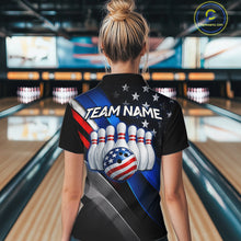 Load image into Gallery viewer, Woman wearing custom American Flag  bowling polo shirt, back view mockup with team name design.