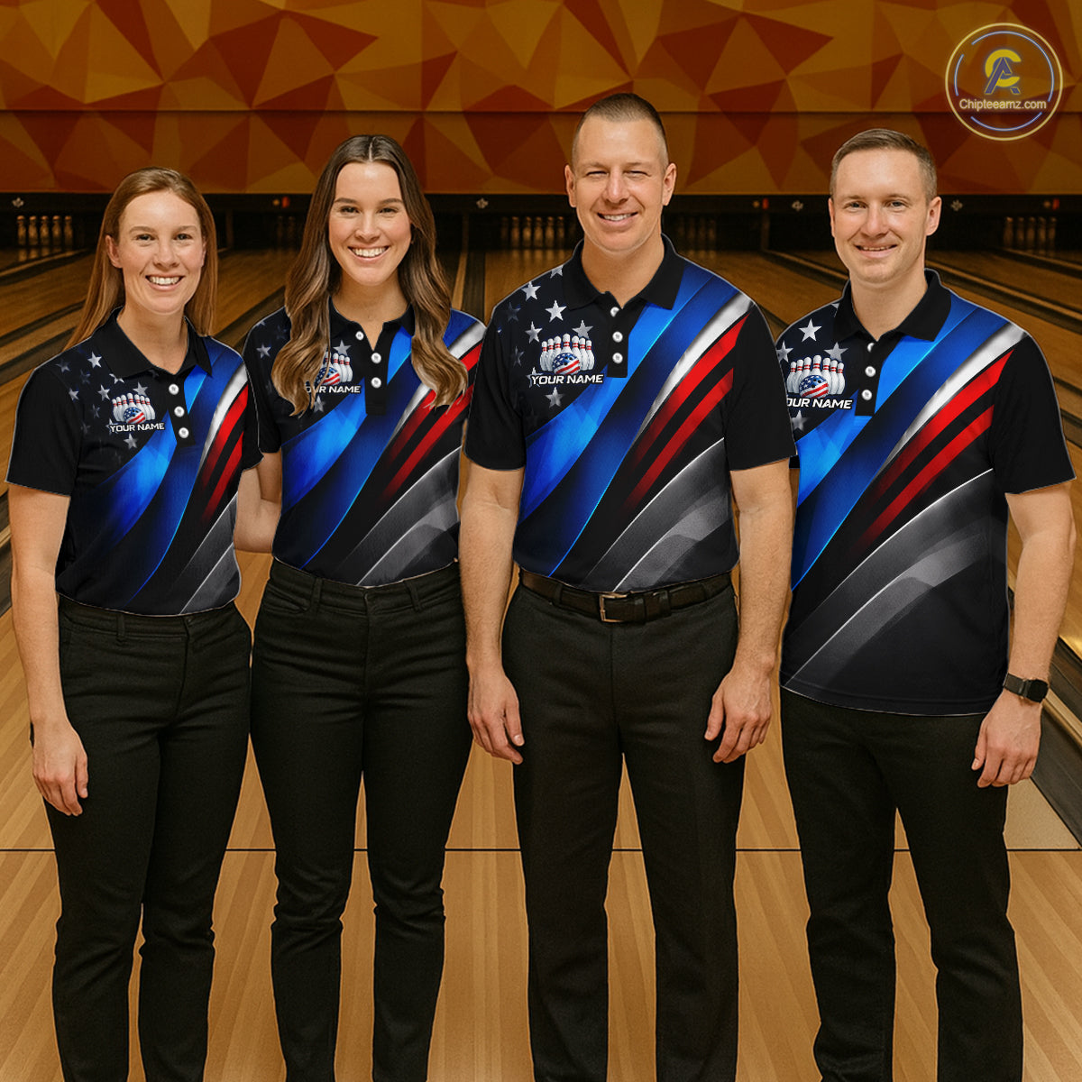Bowling team wearing customAmerican Flag bowling shirts, group front view mockup, personalized team jerseys.