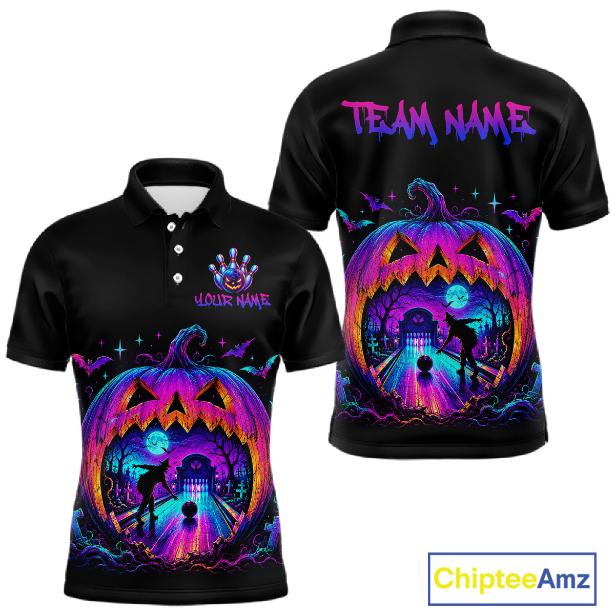Custom Halloween Pumpkin Bowling Shirt Neon Glow Bowling Team Jersey for Men Polo & Quarter-Zip QZT1227