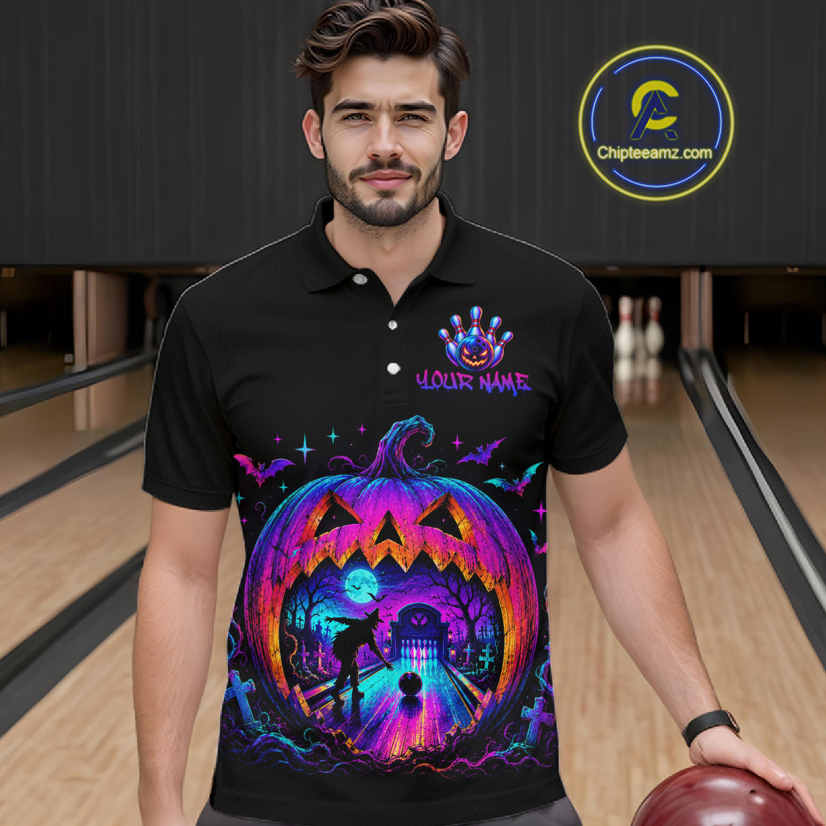Custom Halloween Pumpkin Bowling Shirt Neon Glow Bowling Team Jersey for Men Polo & Quarter-Zip QZT1227