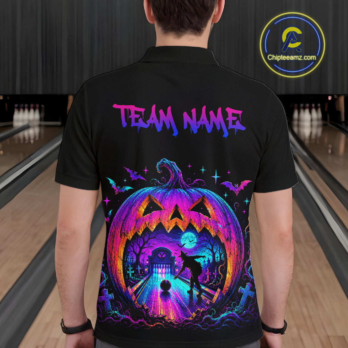 Custom Halloween Pumpkin Bowling Shirt Neon Glow Bowling Team Jersey for Men Polo & Quarter-Zip QZT1227