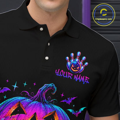 Custom Halloween Pumpkin Bowling Shirt Neon Glow Bowling Team Jersey for Men Polo & Quarter-Zip QZT1227