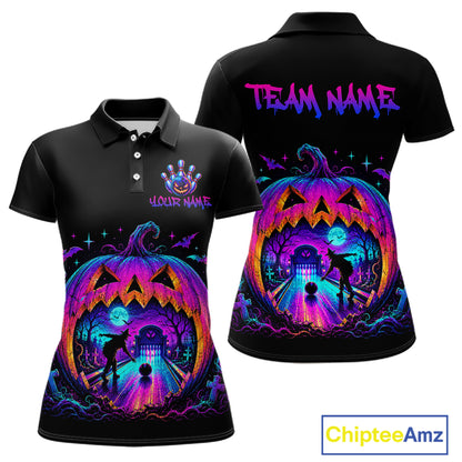 Custom Halloween Pumpkin Bowling Shirt Neon Glow Bowling Team Jersey for Women Polo & Quarter-Zip QZT1227