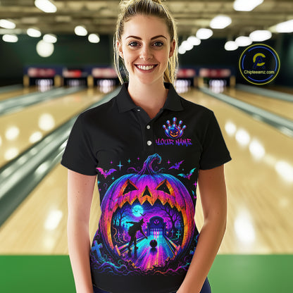 Custom Halloween Pumpkin Bowling Shirt Neon Glow Bowling Team Jersey for Women Polo & Quarter-Zip QZT1227