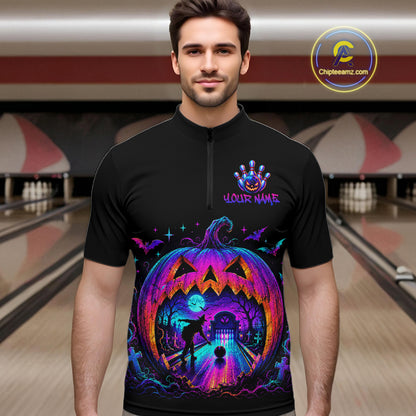 Custom Halloween Pumpkin Bowling Shirt Neon Glow Bowling Team Jersey for Men Polo & Quarter-Zip QZT1227