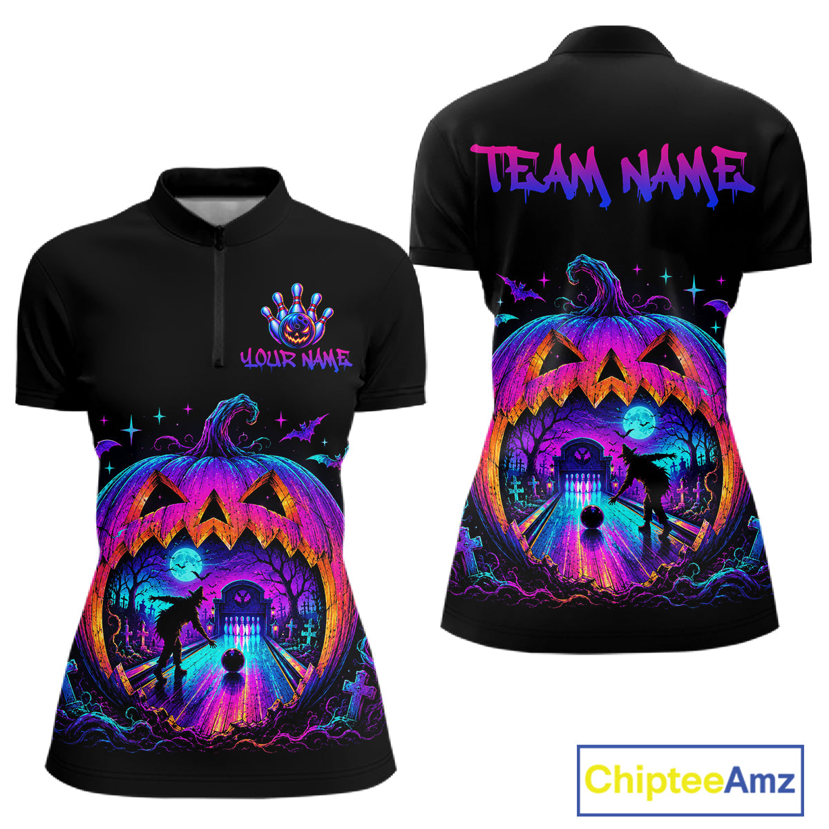 Custom Halloween Pumpkin Bowling Shirt Neon Glow Bowling Team Jersey for Women Polo & Quarter-Zip QZT1227