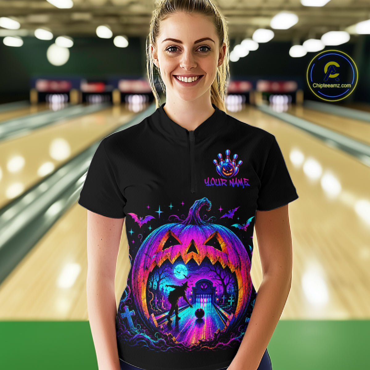 Custom Halloween Pumpkin Bowling Shirt Neon Glow Bowling Team Jersey for Women Polo & Quarter-Zip QZT1227